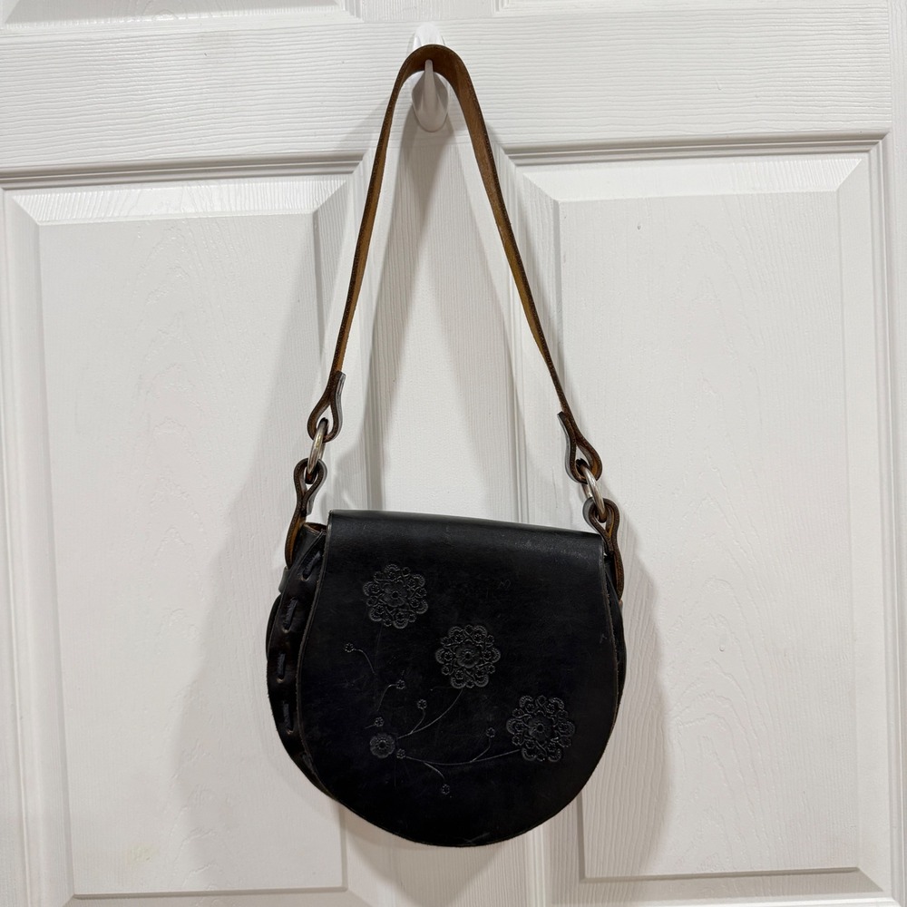 Frances Pizano Handmade Black Leather Floral Embossed Whipstitch Saddle Bag